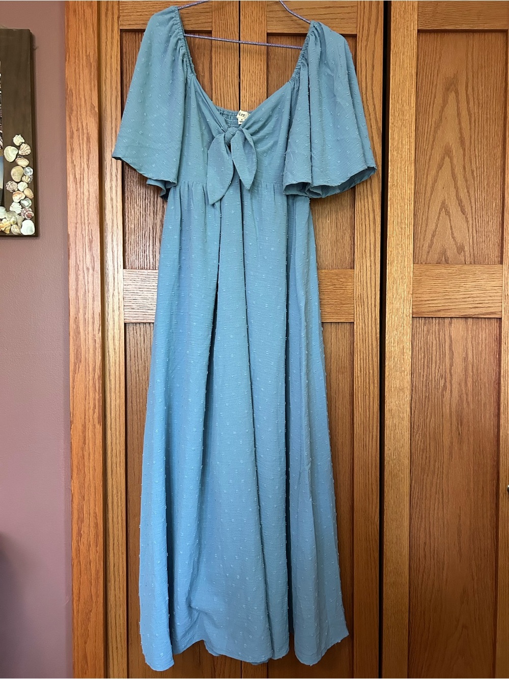 Tie-Front Light Blue Maxi Dress with Flutter Sleeves